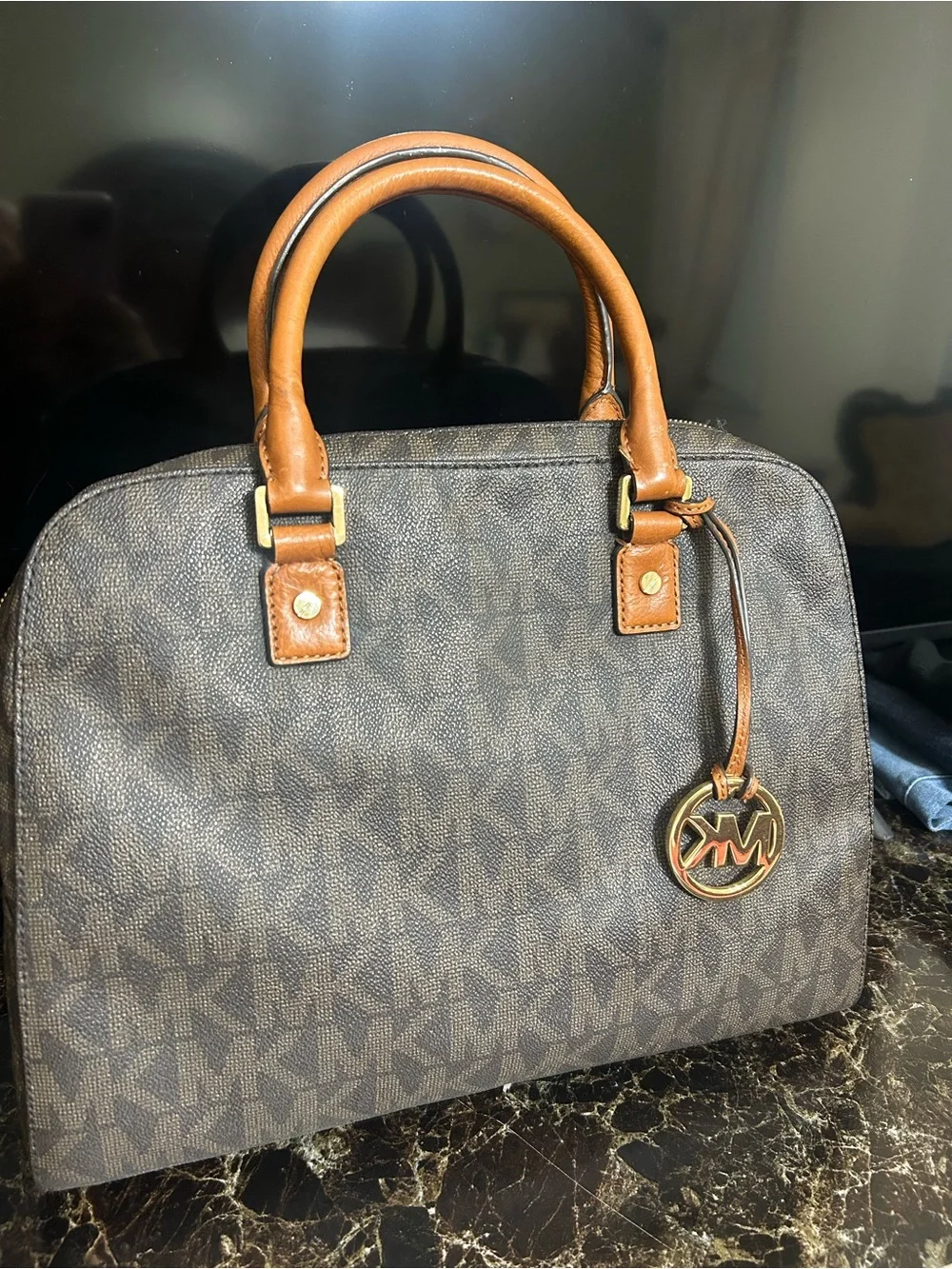 Michael Kors Brown MK Logo Satchel with Tan Handles and Gold Accent